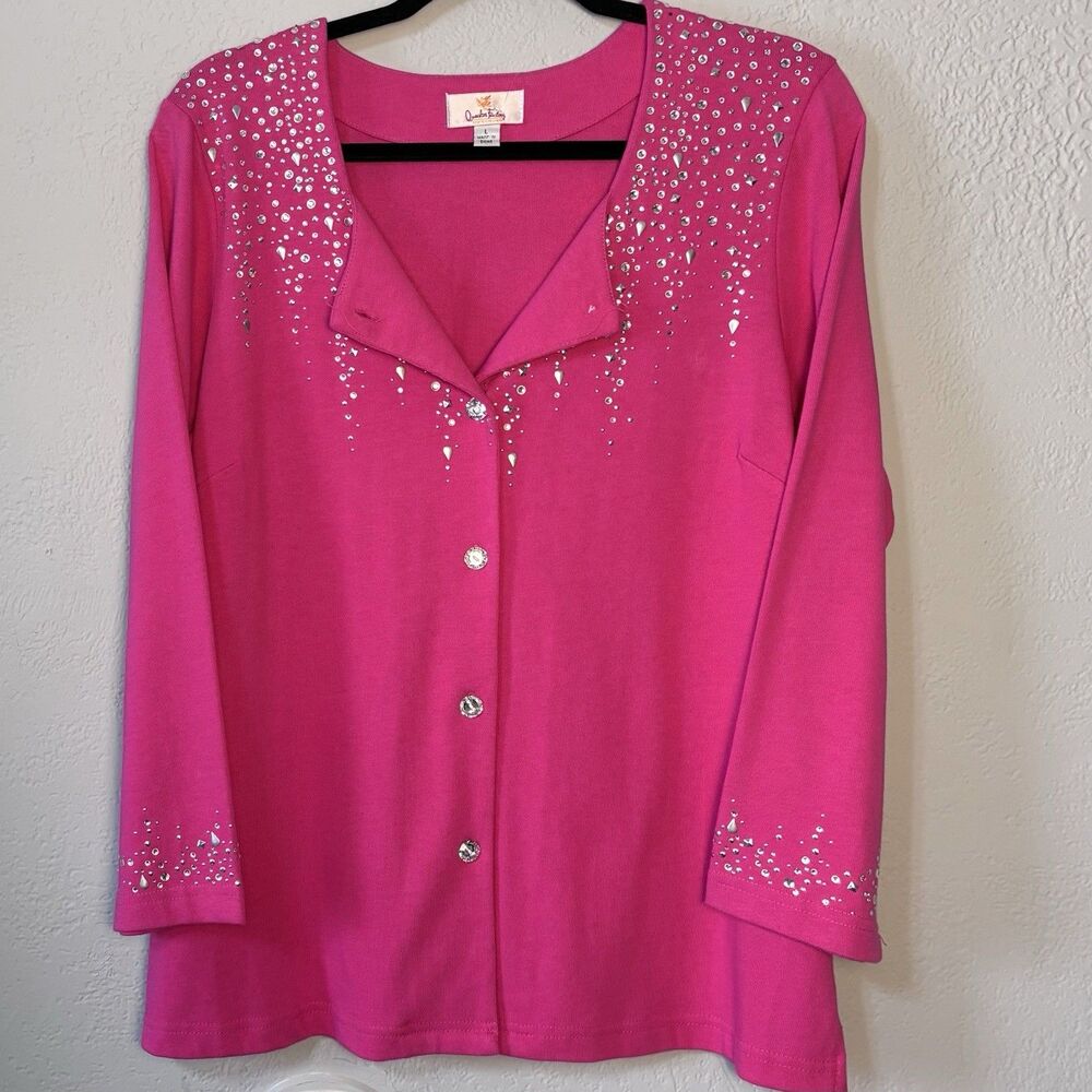 Quacker Factory Pink Knit Cardigan Cascading Rhinestones Women’s L Top Jacket